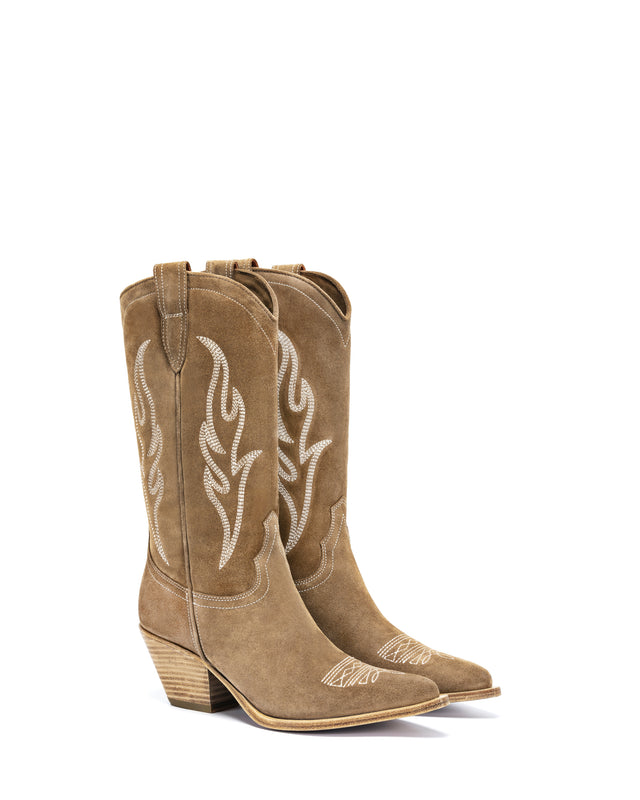 SANTA FE Women's Cowboy Boots in  Cigar Suede | Off-White Embroidery_Side_01